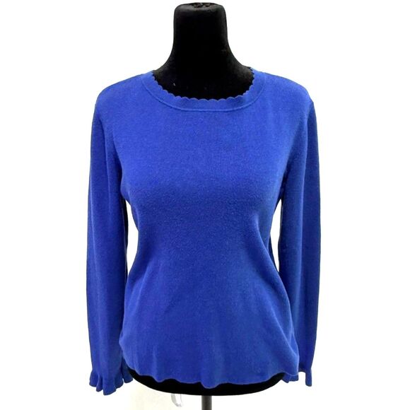 Halogen royal blue scalloped crew neck cotton blend sweater - Picture 1 of 10